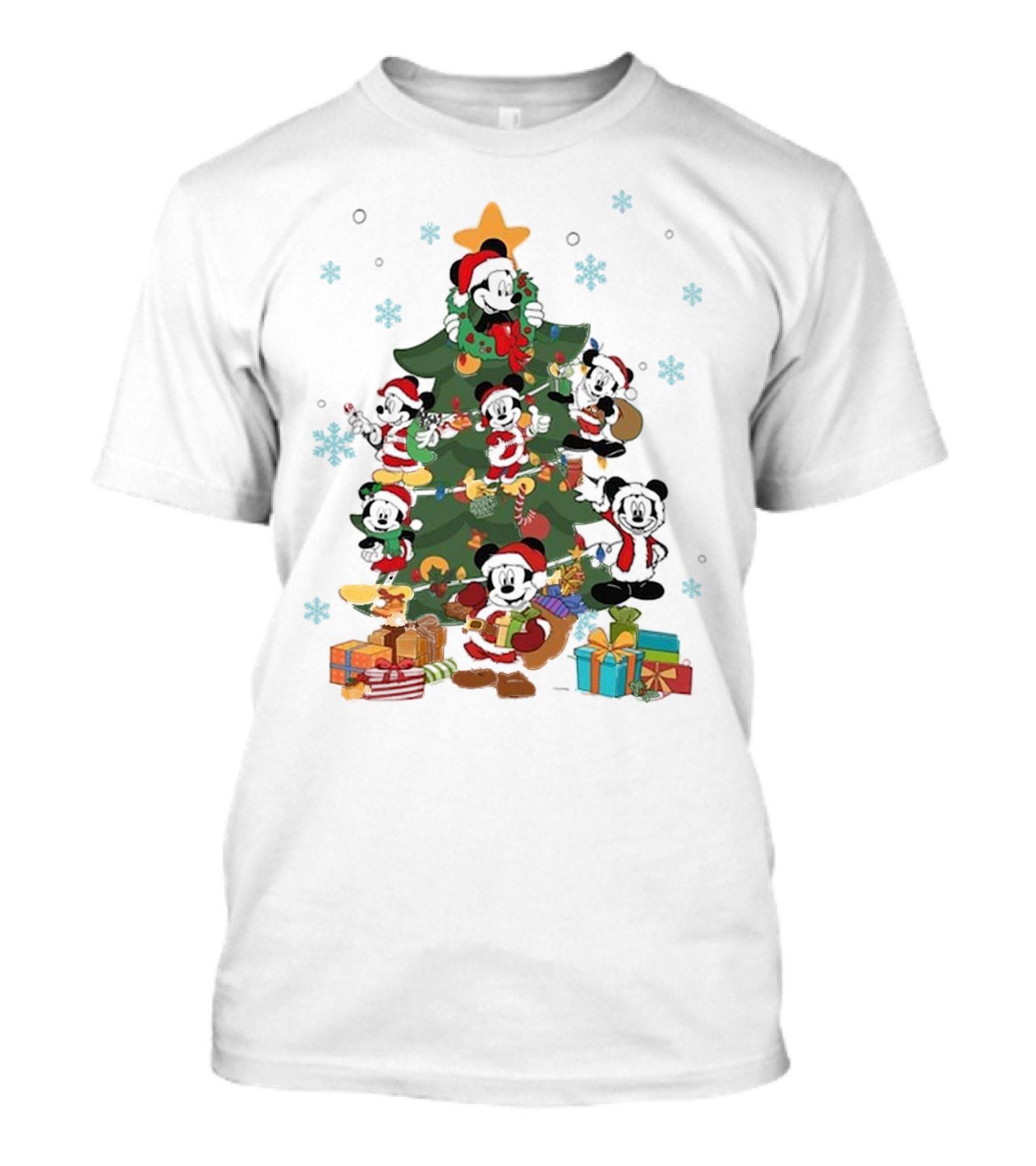 Christmas Tree Mickey Mouse Holiday Characters With Gifts And Snowflakes T-Shirt