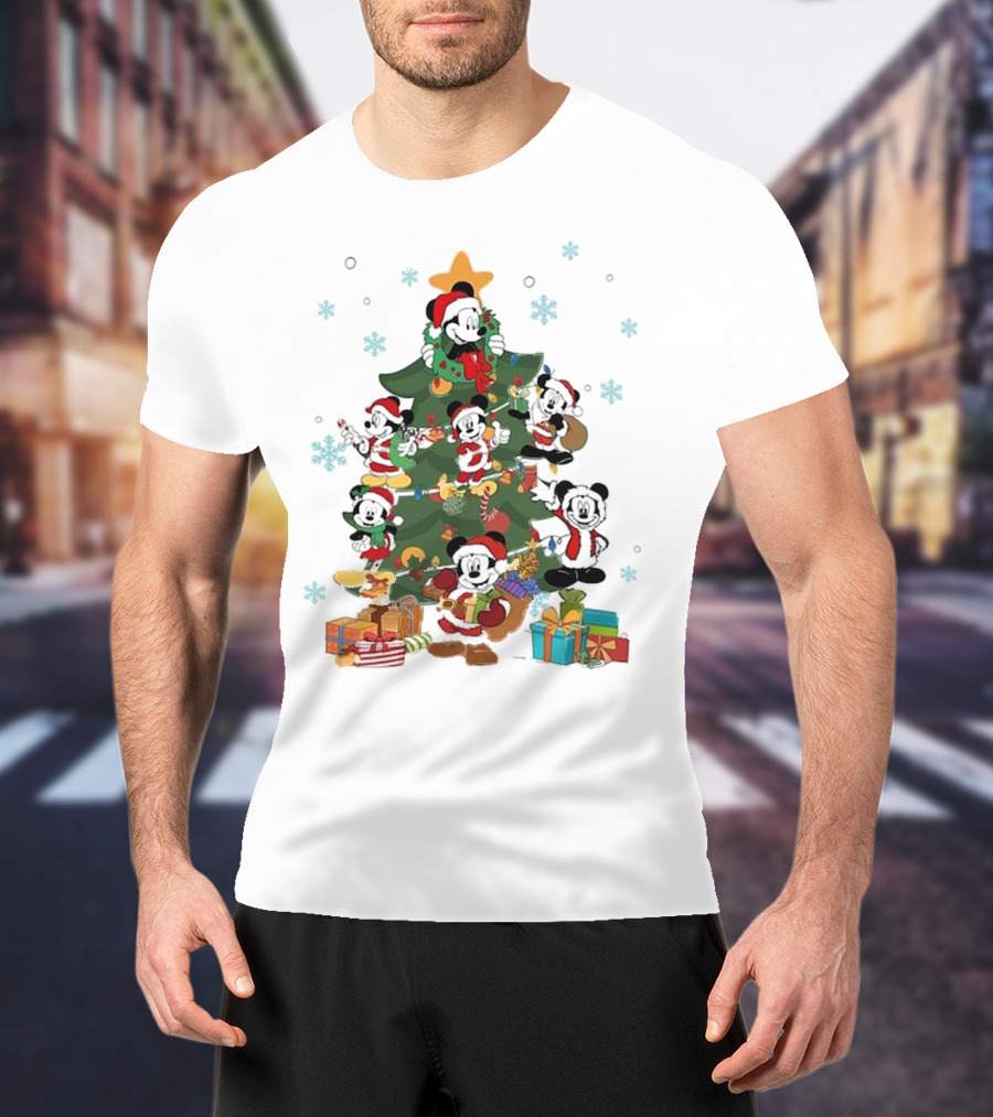 Christmas Tree Mickey Mouse Holiday Characters With Gifts And Snowflakes T-Shirt