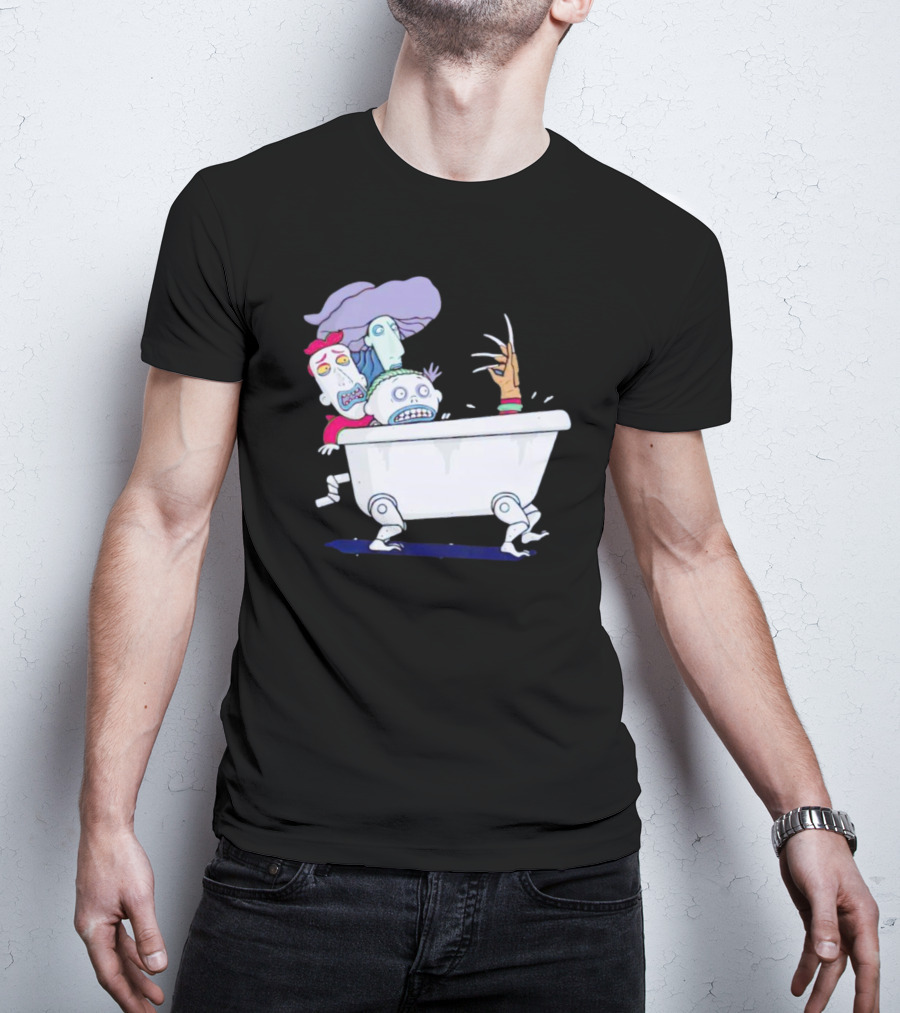 Halloween Scary Bathtub Cartoon Skeletons And Claw Hand T-Shirt