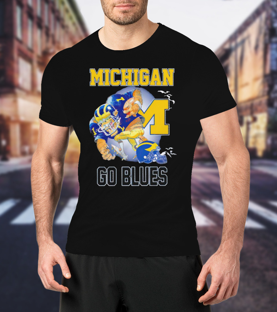 Michigan Wolverines Go Blues Football Player And Helmet T-Shirt
