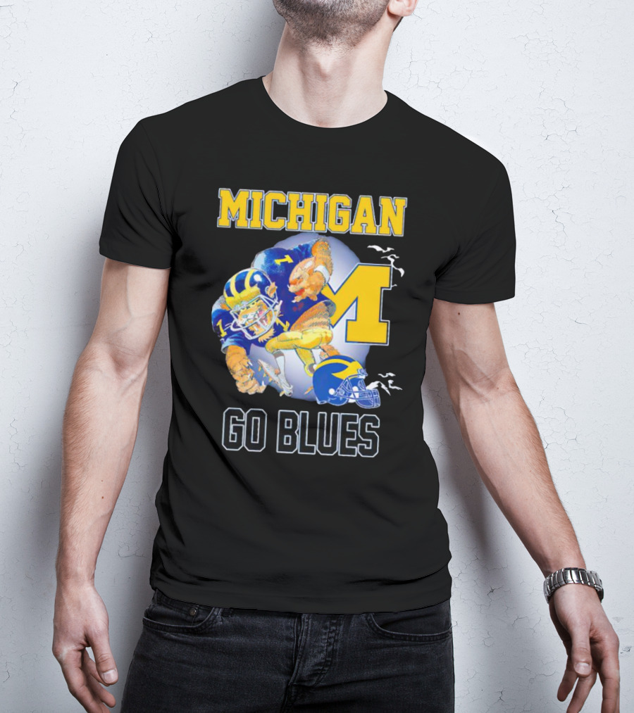 Michigan Wolverines Go Blues Football Player And Helmet T-Shirt