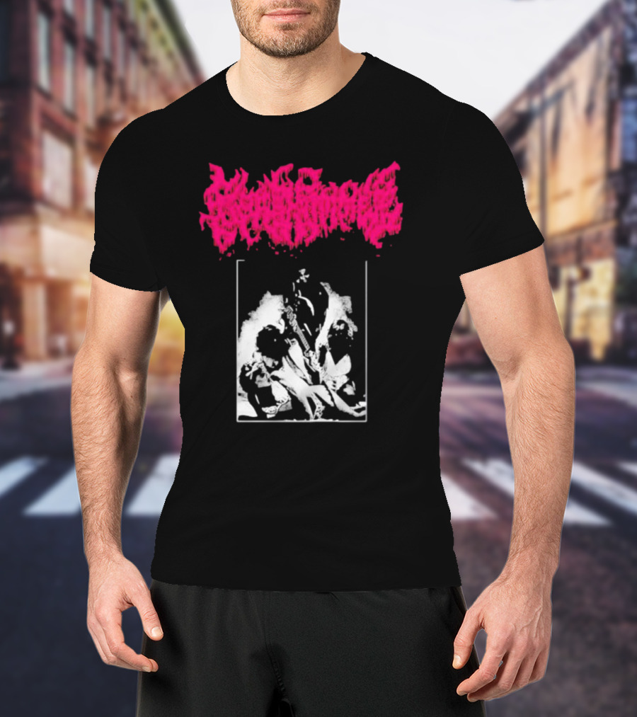 Gorehammer Graphic In Pink Gothic Font With Monochrome Horror Scene T-Shirt