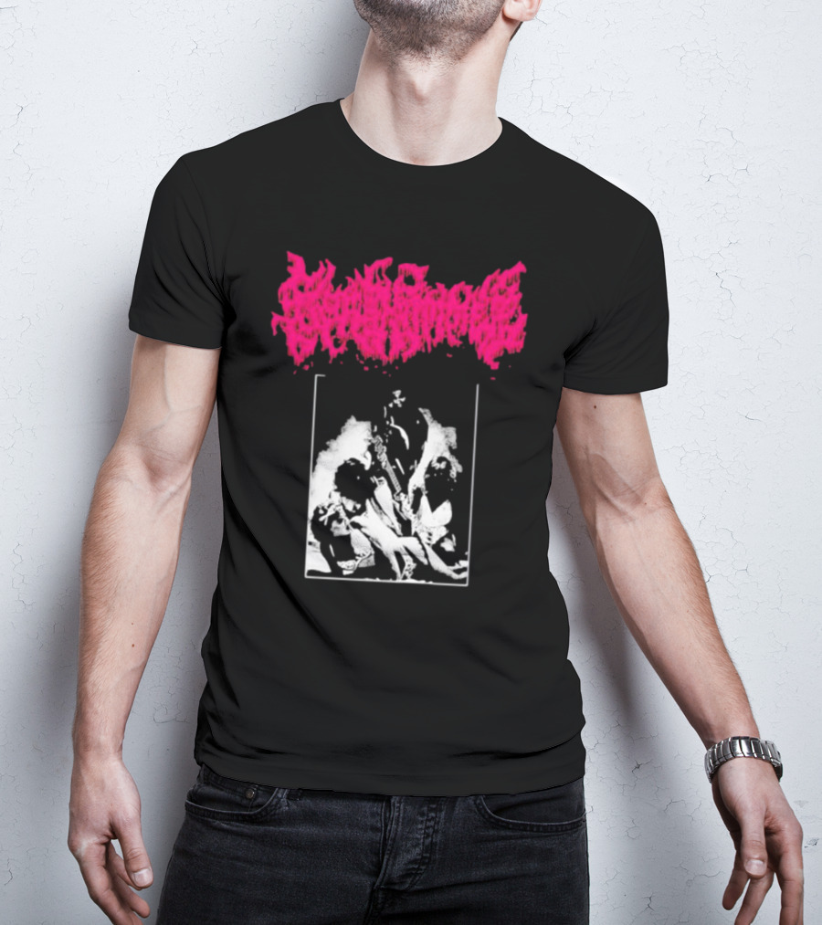 Gorehammer Graphic In Pink Gothic Font With Monochrome Horror Scene T-Shirt