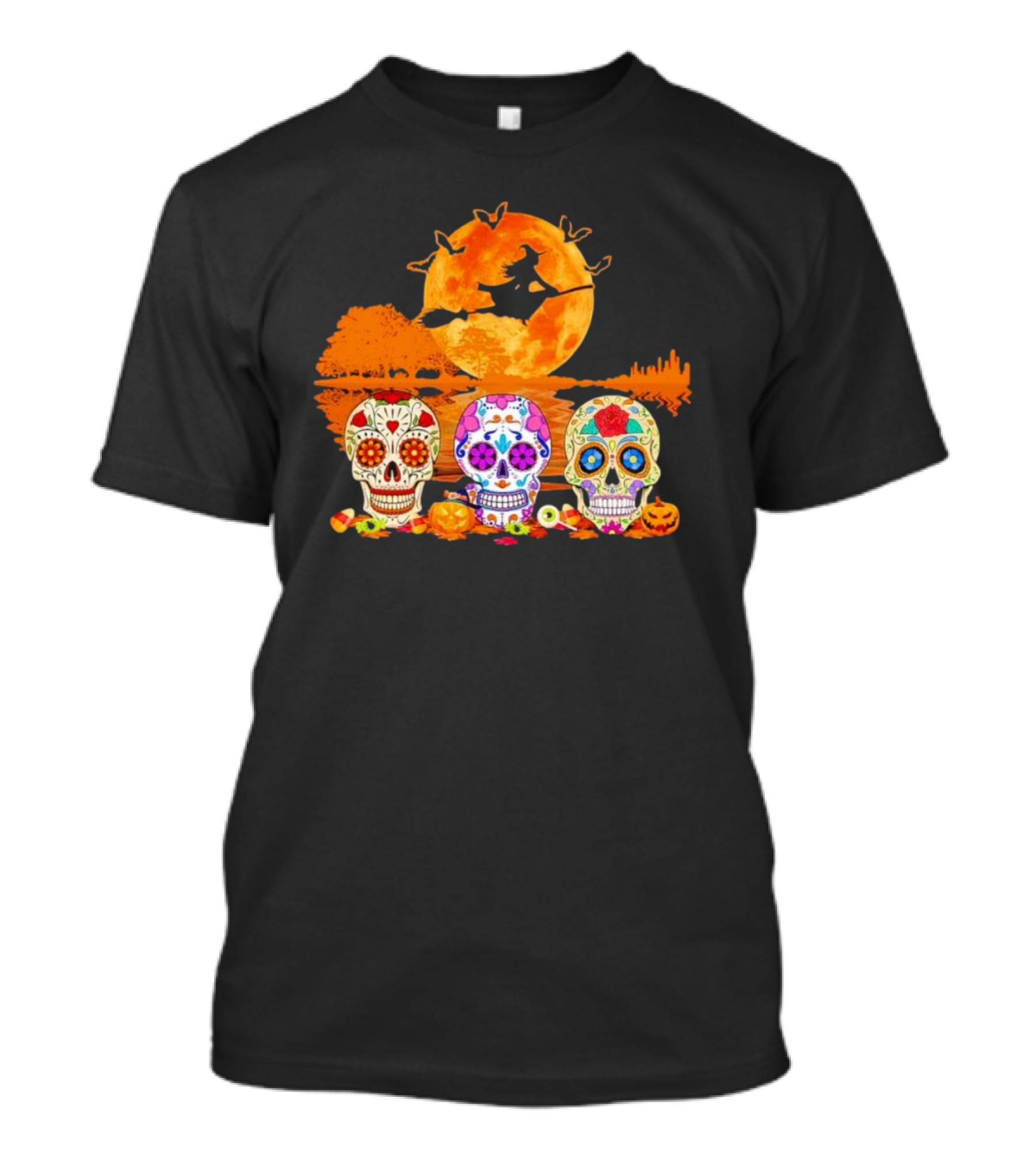 Halloween Witch Sugar Skulls Red Moon Scenic Night T-Shirt