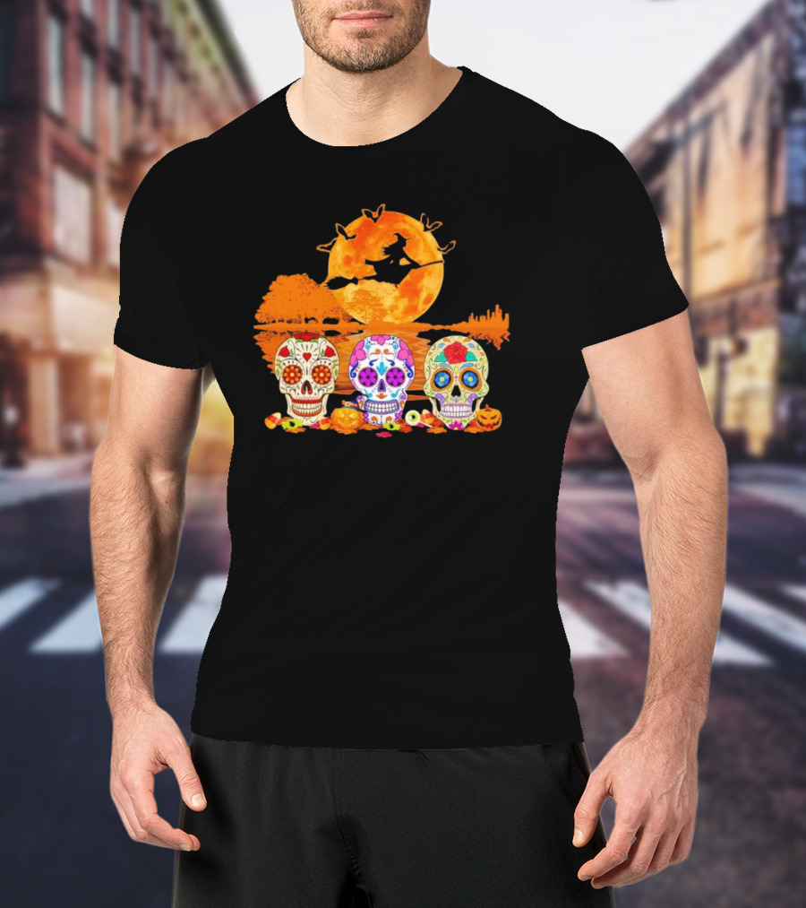 Halloween Witch Sugar Skulls Red Moon Scenic Night T-Shirt