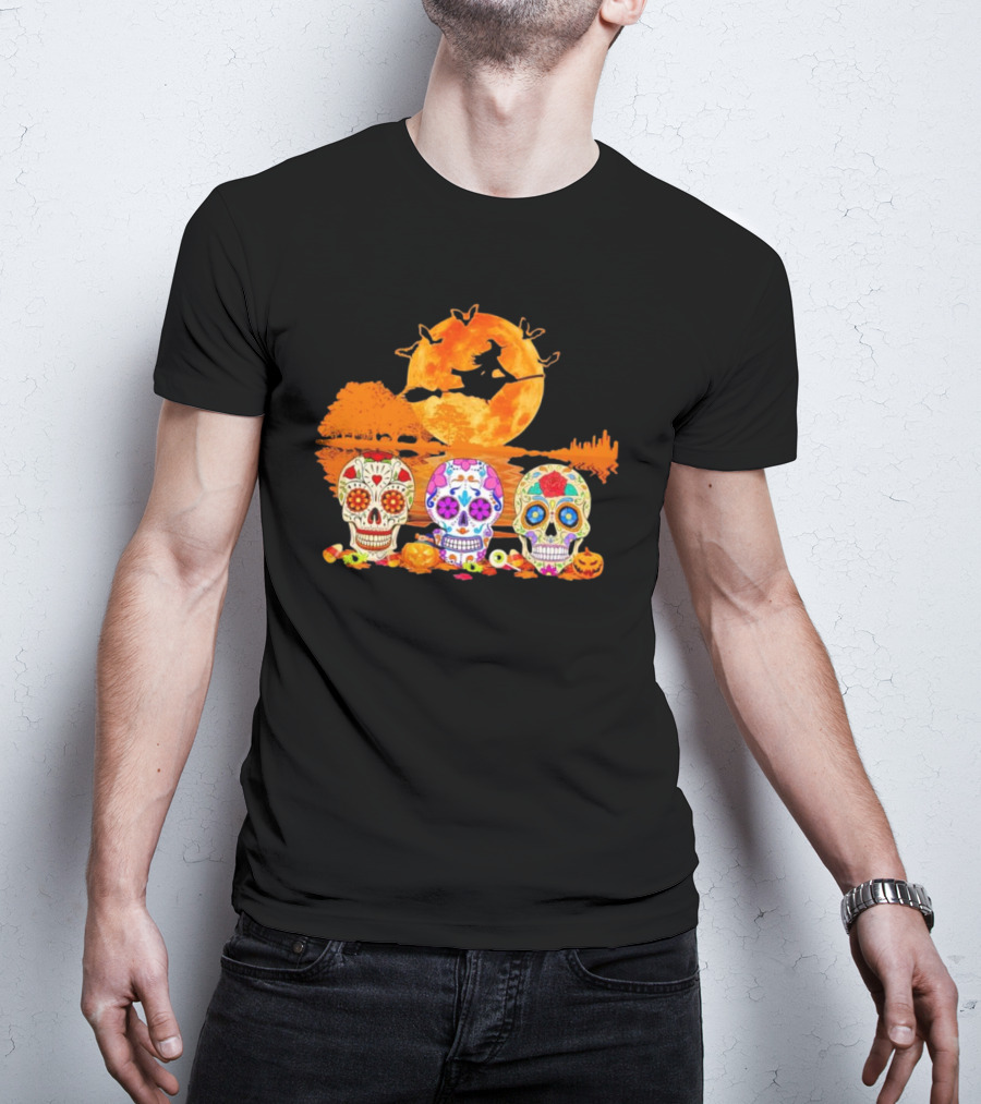 Halloween Witch Sugar Skulls Red Moon Scenic Night T-Shirt