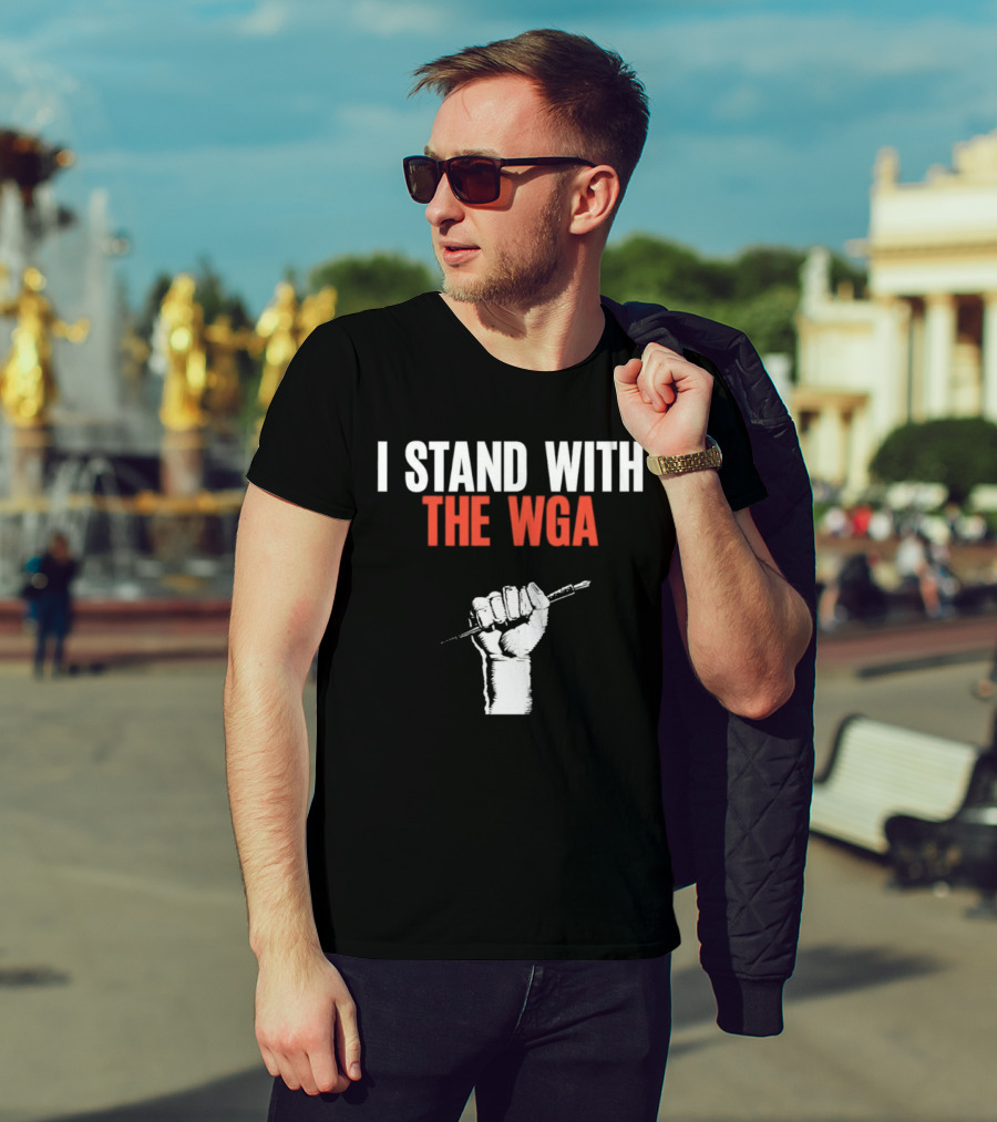 I Stand With WGA Logo Graphic Wrath Fist Artwork Tshirt Battle Writer Usa Harvard Union Caru T-Shirt