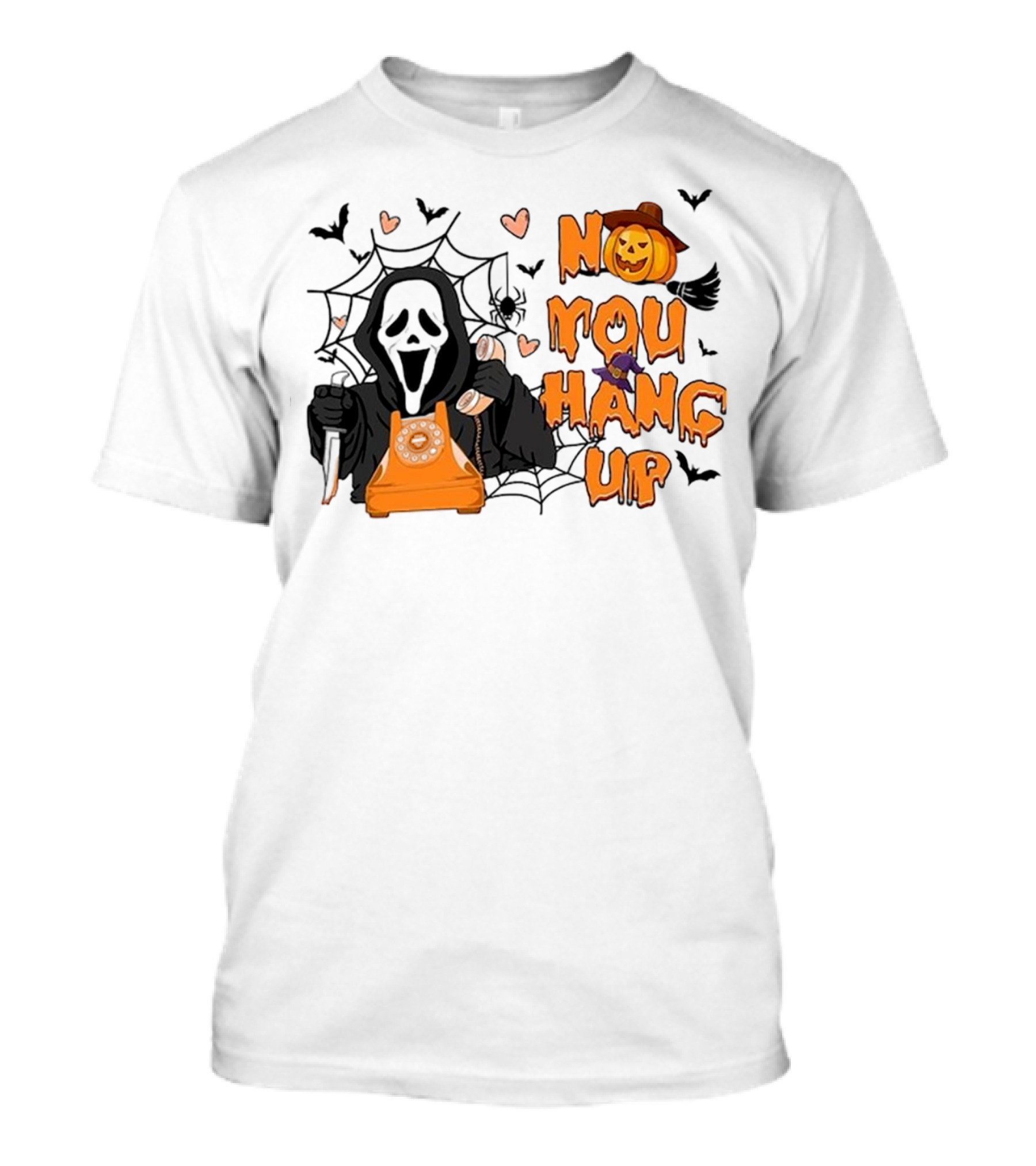 No You Hang Up Ghost With Pumpkin Phone Halloween Bats And Cobwebs T-Shirt