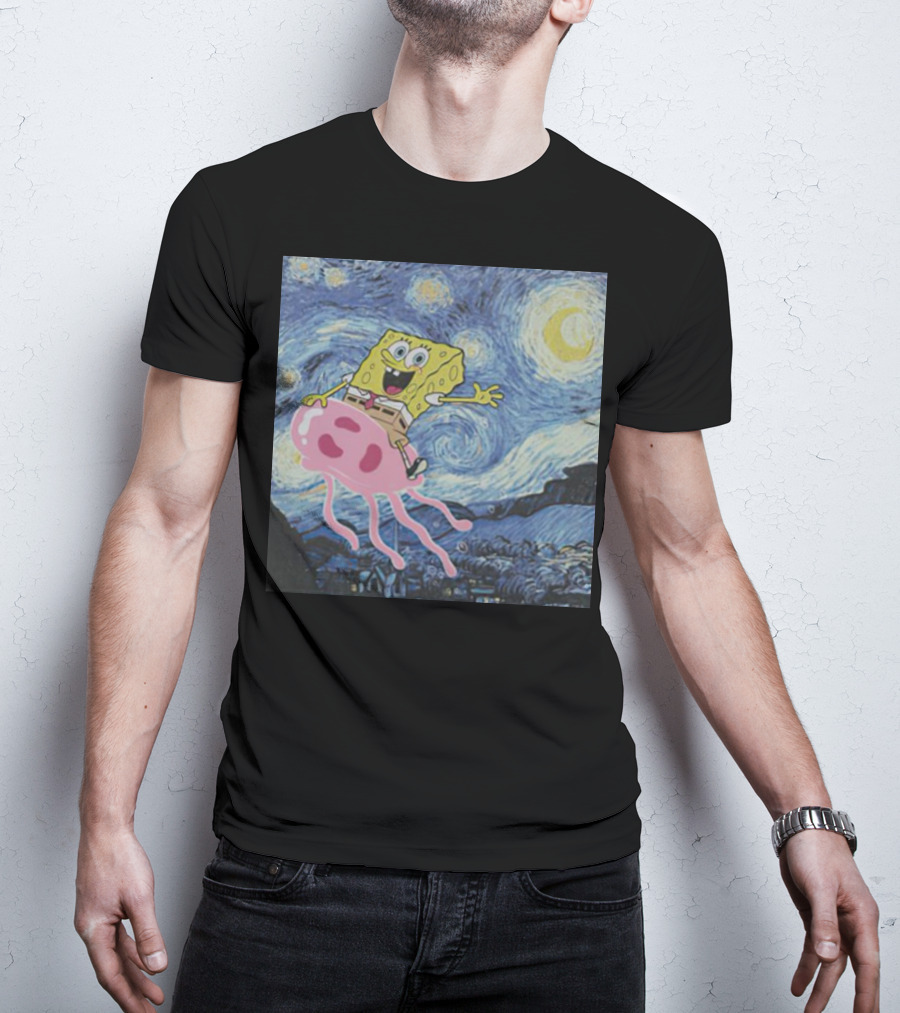 SpongeBob SquarePants Jellyfishing Van Gogh Starry Night Crossover T-Shirt