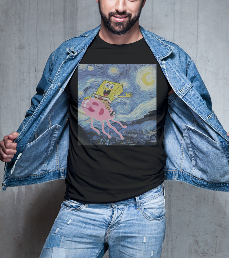 SpongeBob SquarePants Jellyfishing Van Gogh Starry Night Crossover T-Shirt