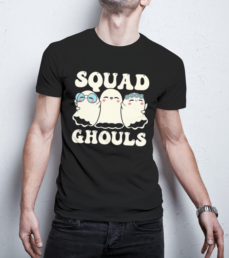 Squad Ghouls Halloween Cute Ghosts With Glasses And Flowers T-Shirt