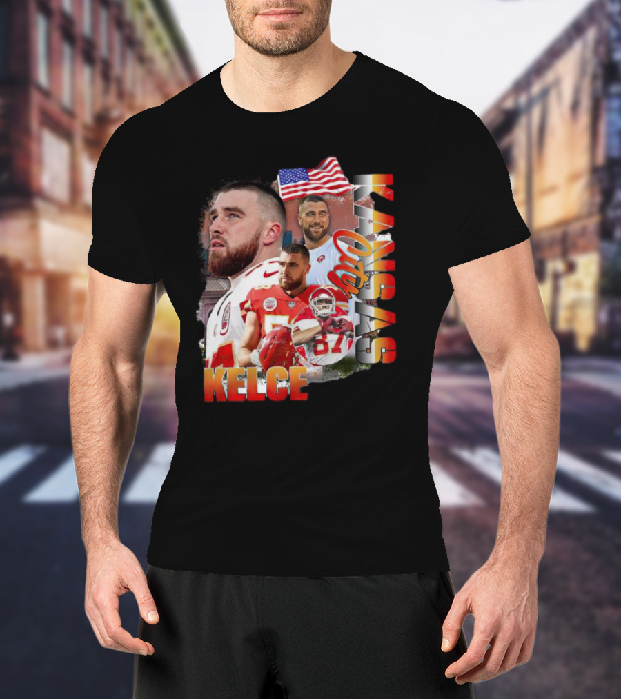Kelce Kansas City Chiefs Collage With American Flag T-Shirt
