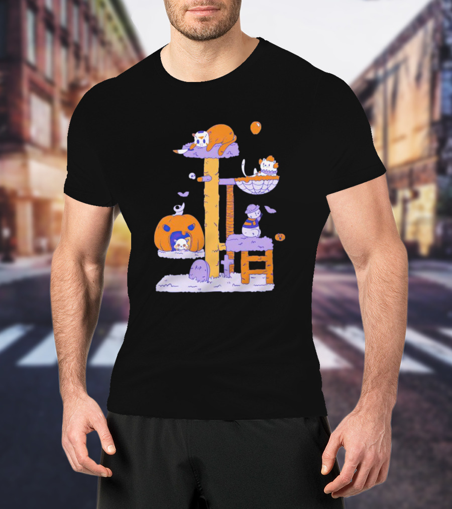 Cats In Halloween Horror Cosplay Playground With Pumpkins And Ghosts T-Shirt