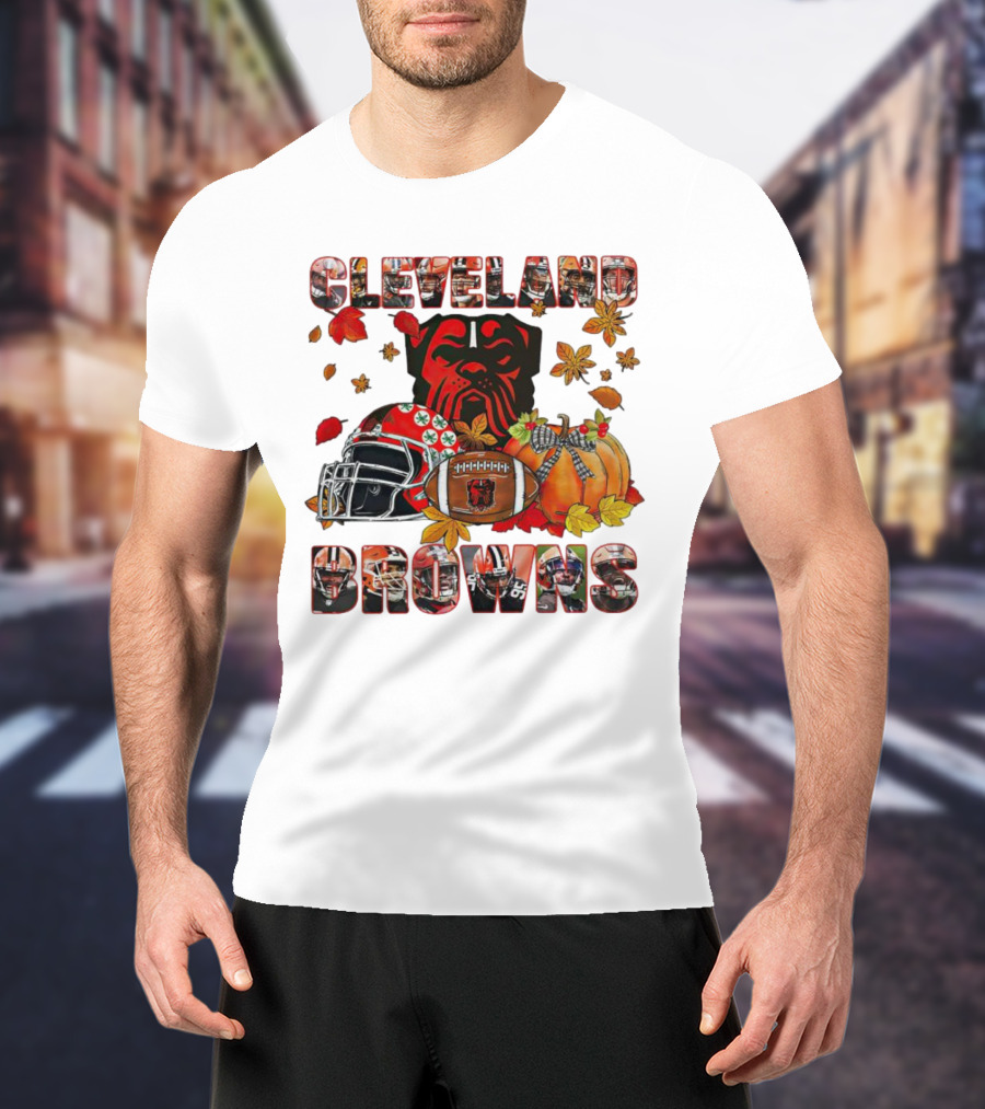 Cleveland Browns Fall Helmet Pumpkin Leaves Football Dog T-Shirt