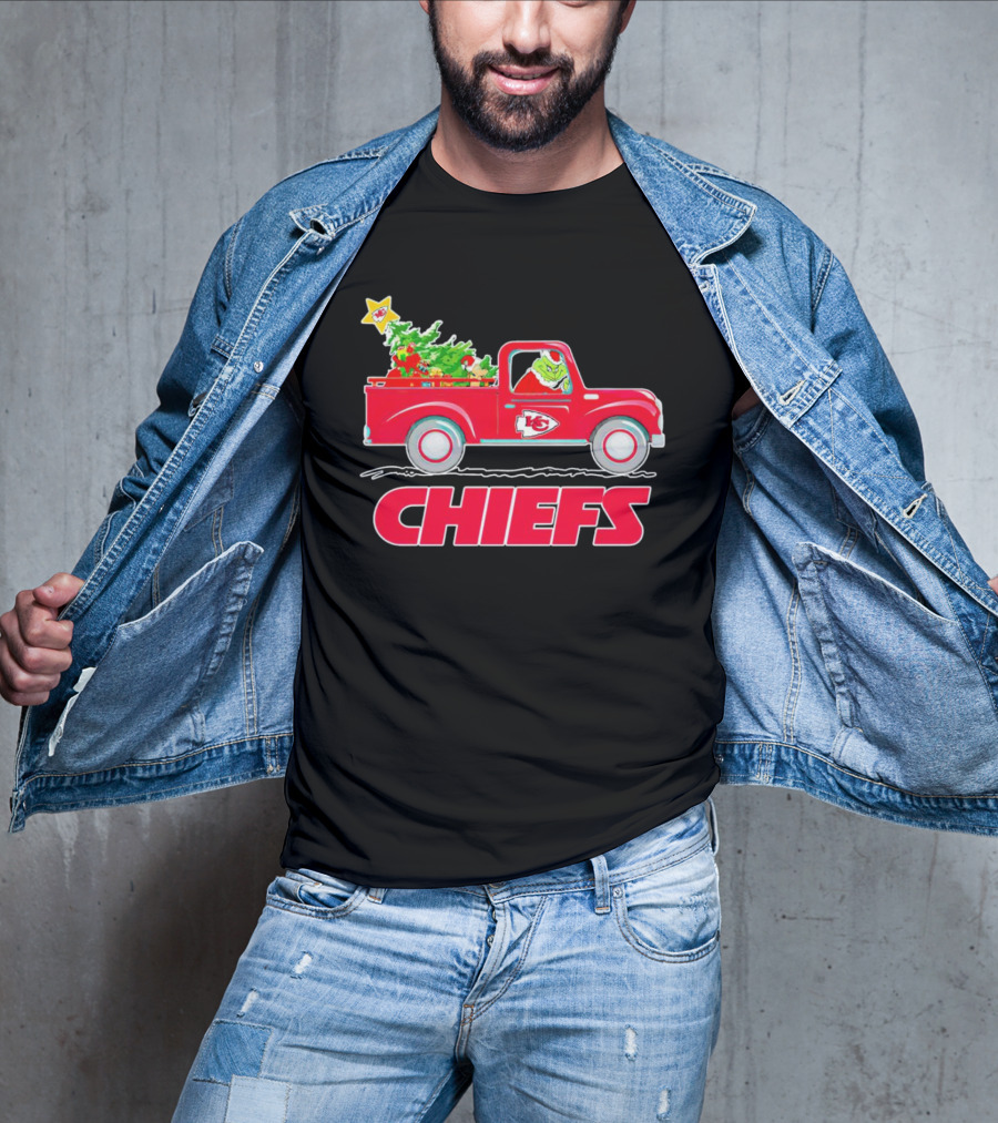 Grinch Driving Kansas City Chiefs Red Truck With Christmas Tree T-Shirt