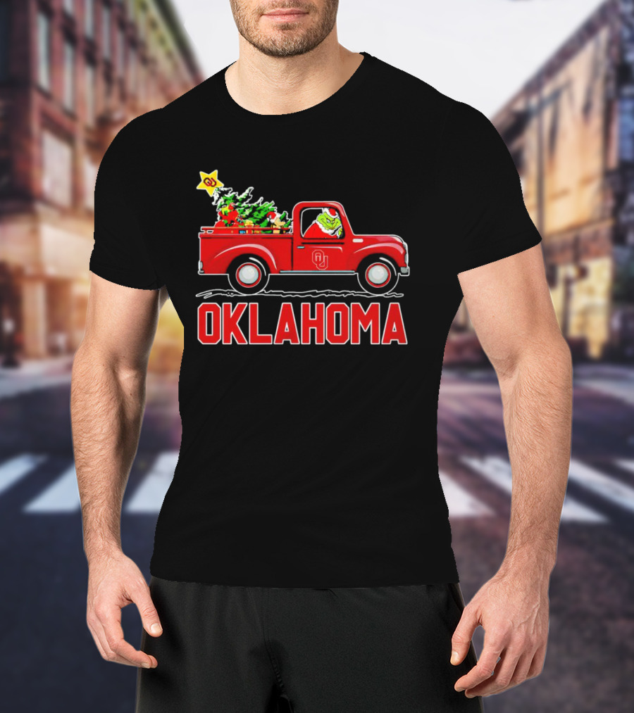 Grinch Driving Red Truck With Christmas Tree And Oklahoma Sooners T-Shirt