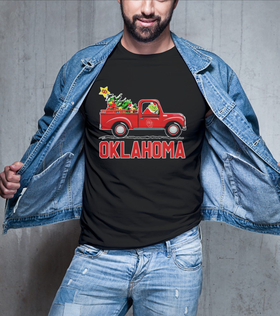 Grinch Driving Red Truck With Christmas Tree And Oklahoma Sooners T-Shirt