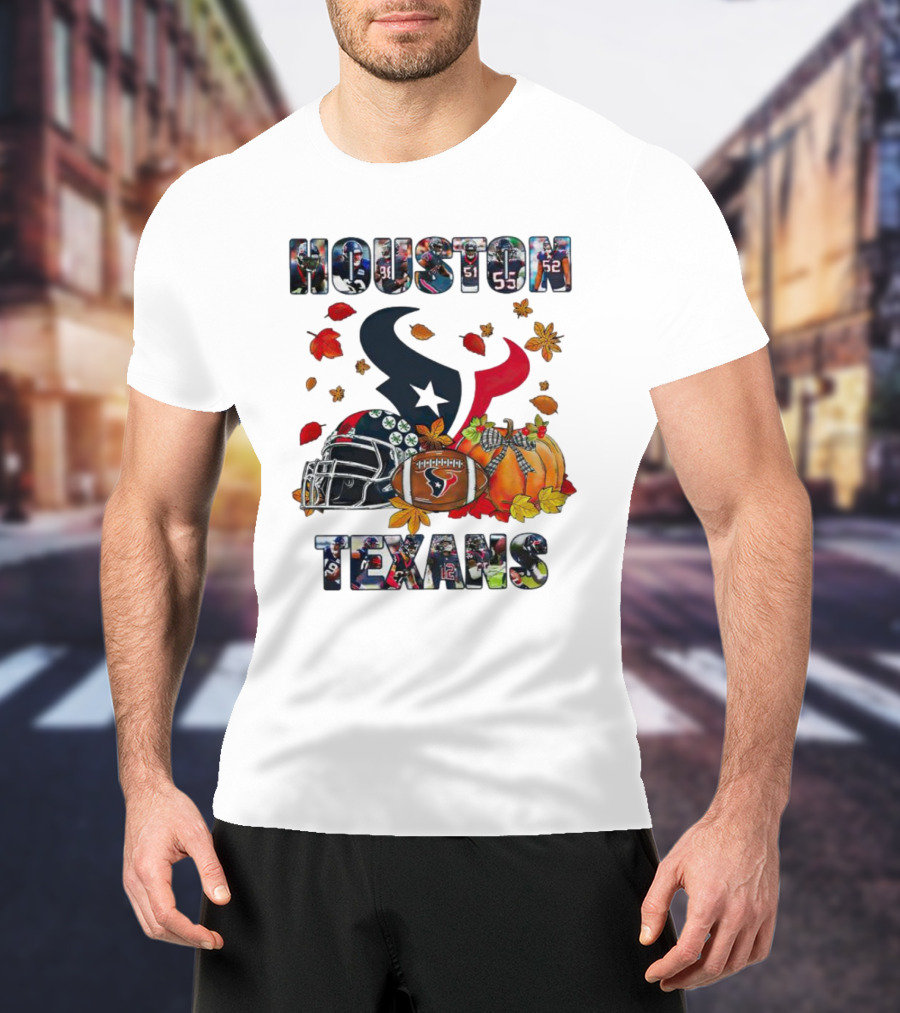 Houston Texans Football Helmet Pumpkin Autumn Leaves T-Shirt