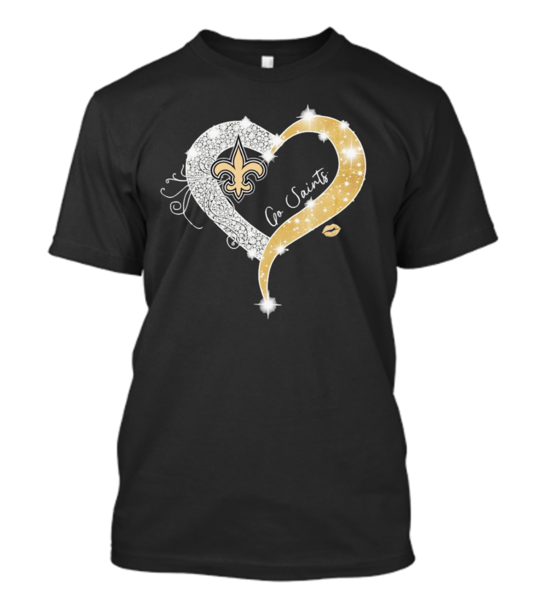 New Orleans Saints Go Saints Fleur-de-Lis Diamond Heart With Gold Sparkle T-Shirt