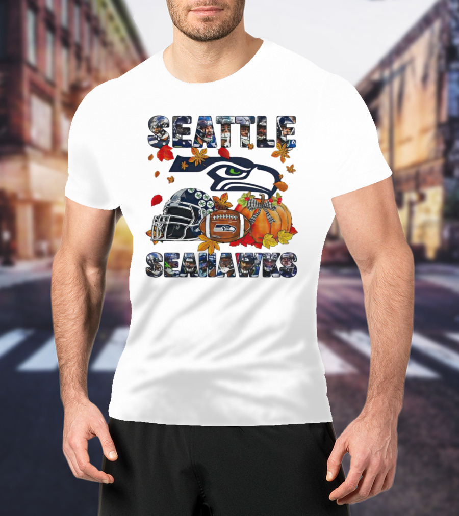 Seattle Seahawks Autumn Leaf Helmet Football Pumpkin T-Shirt