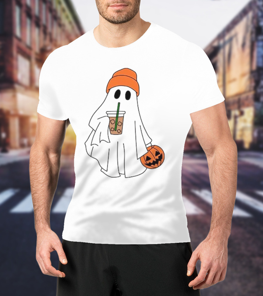 Cute Ghost Drinking Ice Coffee With Pumpkin Hat T-Shirt