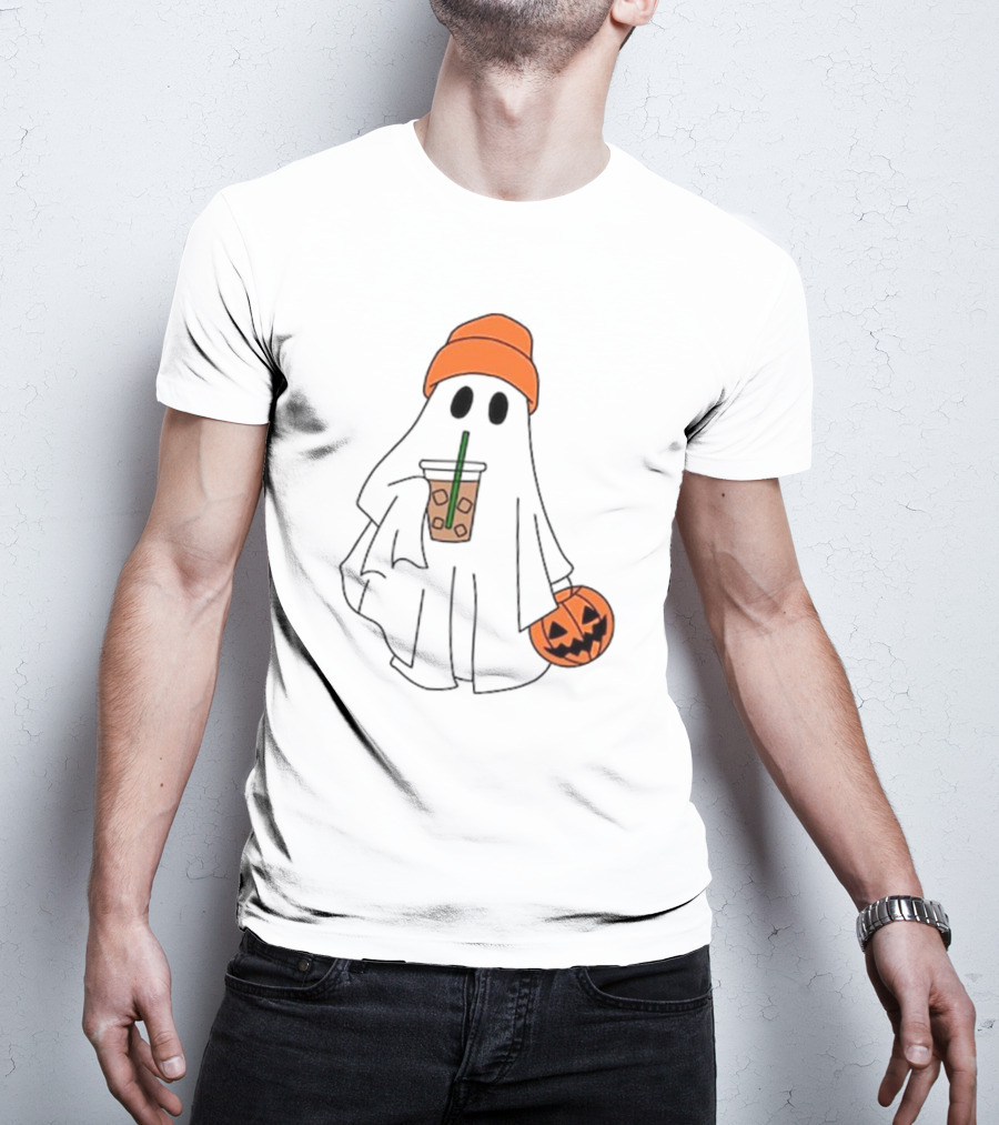 Cute Ghost Drinking Ice Coffee With Pumpkin Hat T-Shirt