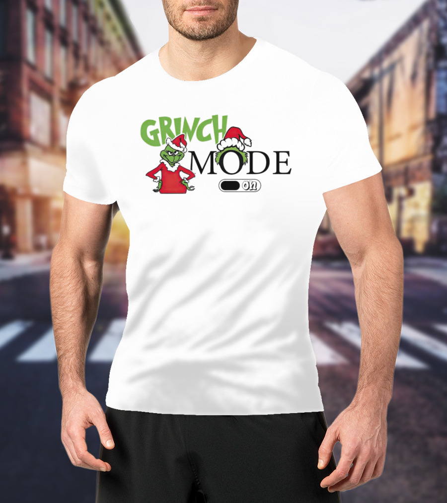 Grinch Mode On With Red Santa Hat And Grinch Drawing T-Shirt
