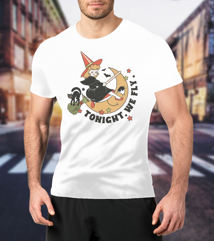 Tonight We Fly Witch On Moon Halloween Cat Stars T-Shirt