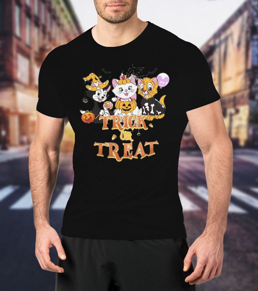 Trick Or Treat Halloween Cats With Jack-O'-Lanterns And Bat Silhouettes Disneyland T-Shirt