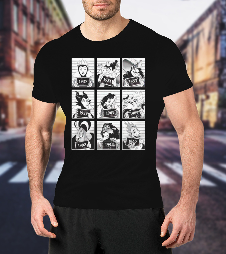 Walt Disney Cartoon Main Antagonists Year Lineup Mugshots 1937 To 1997 T-Shirt