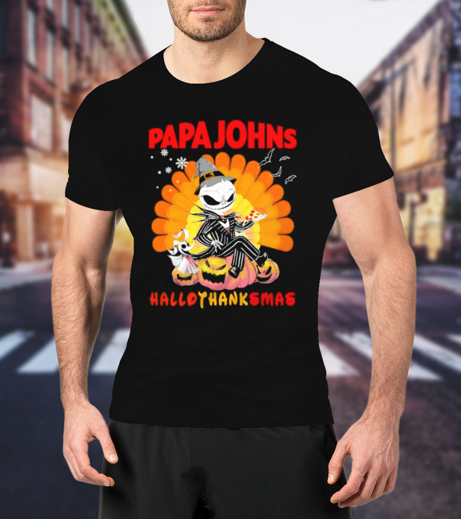 Papa Johns Jack Skellington Halloween HalloThanksMas Turkey Pizza T-Shirt