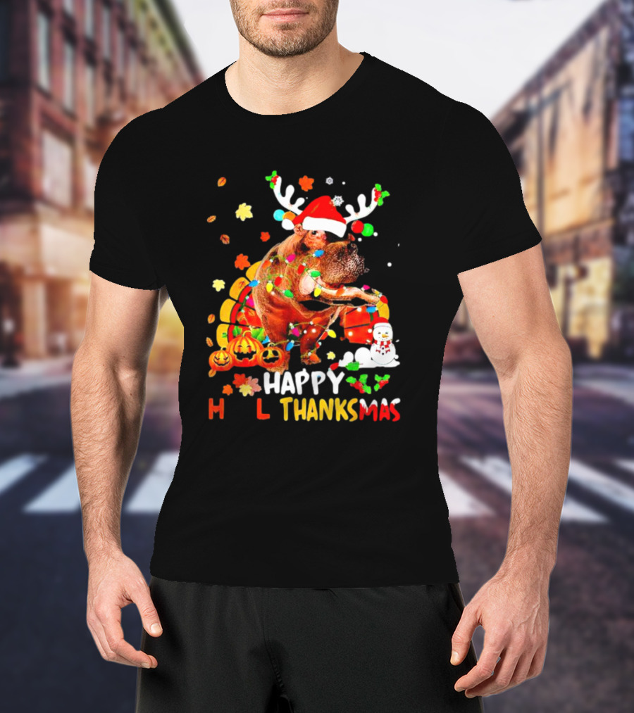 Happy Hallothanksmas Santa Hippopotamus Pumpkin Snowman T-Shirt