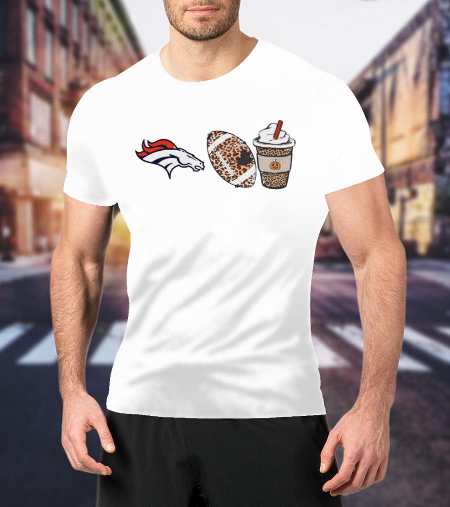 Denver Broncos Fall Season Leopard Theme With Football And Pumpkin Spice Latte T-Shirt