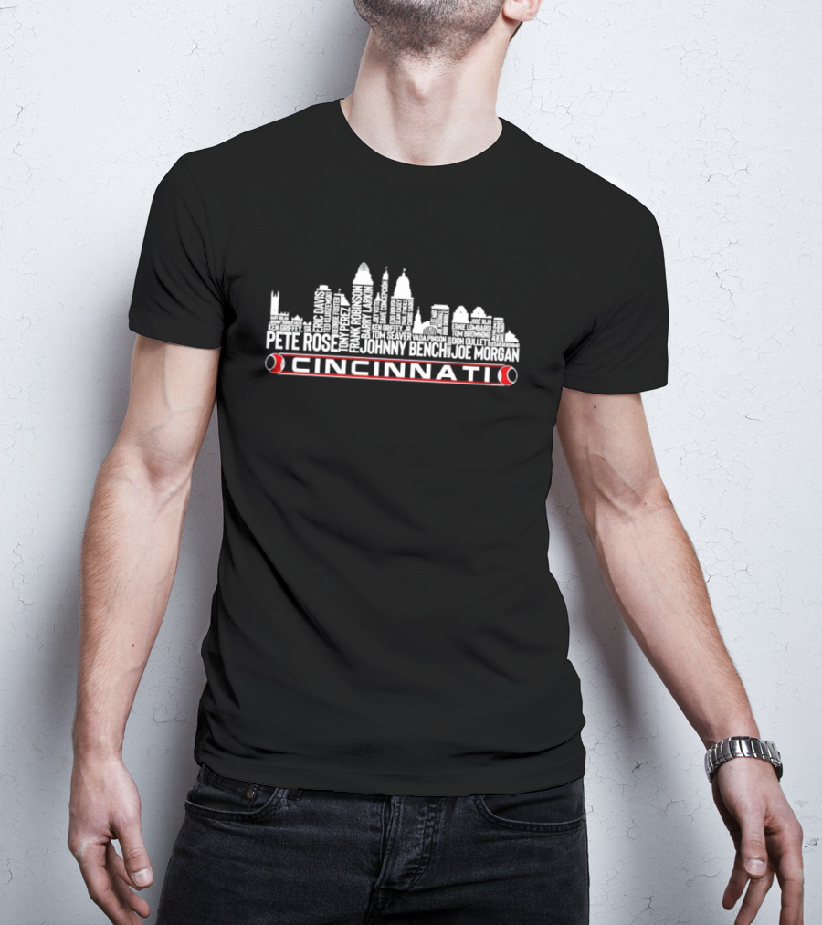 Cincinnati Skyline Baseball Legends Pete Rose Johnny Bench Joe Morgan Ken Griffey Tom Seaver T-Shirt