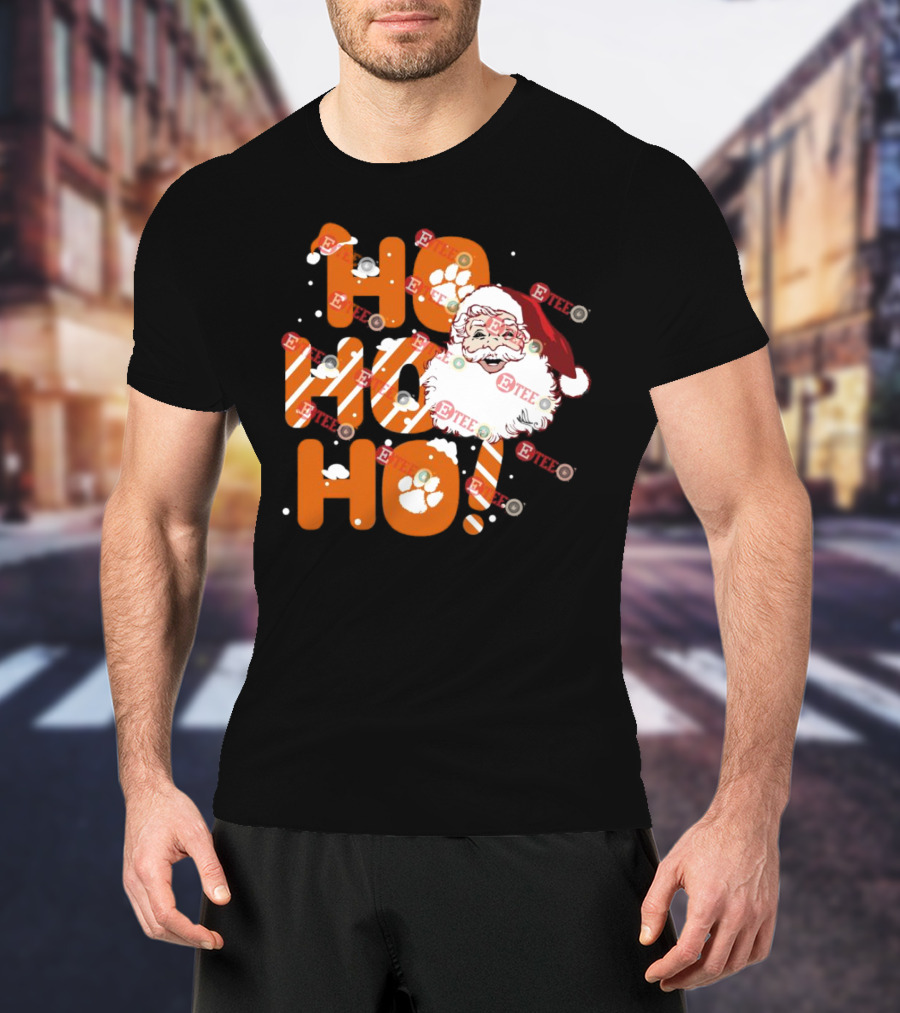 Clemson Tigers Santa Claus Ho Ho Ho Christmas Paw Print Snowflakes T-Shirt