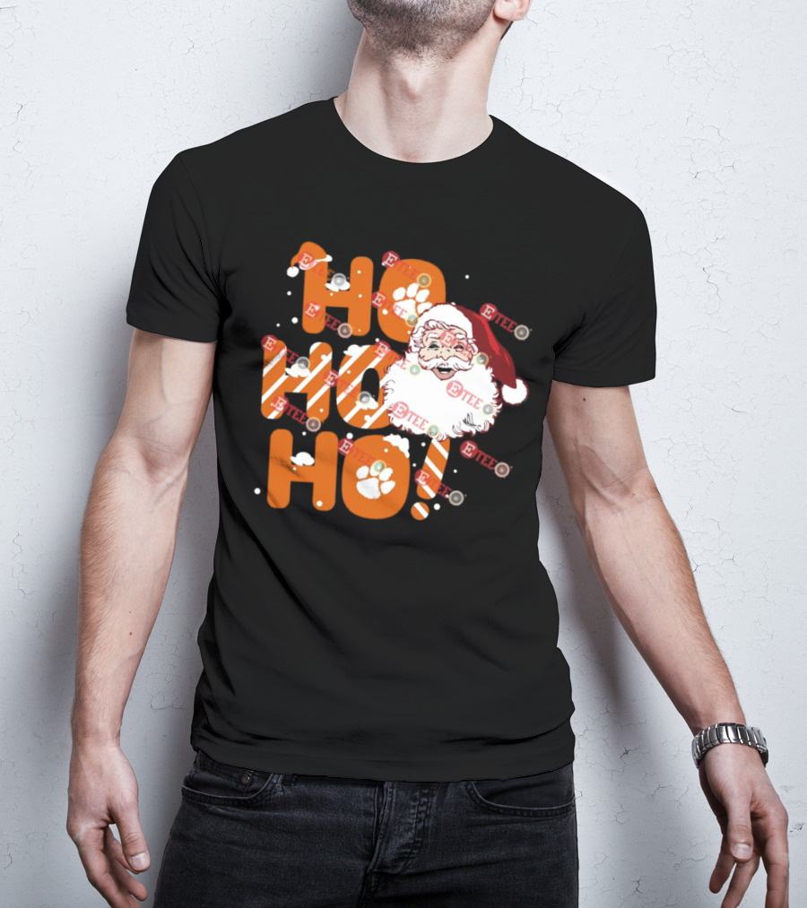 Clemson Tigers Santa Claus Ho Ho Ho Christmas Paw Print Snowflakes T-Shirt