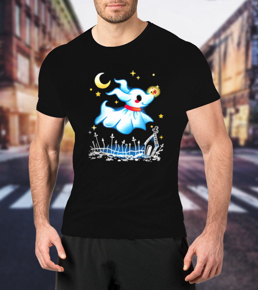 Flying Ghost Dog With Moon And Stars Halloween Scene T-Shirt