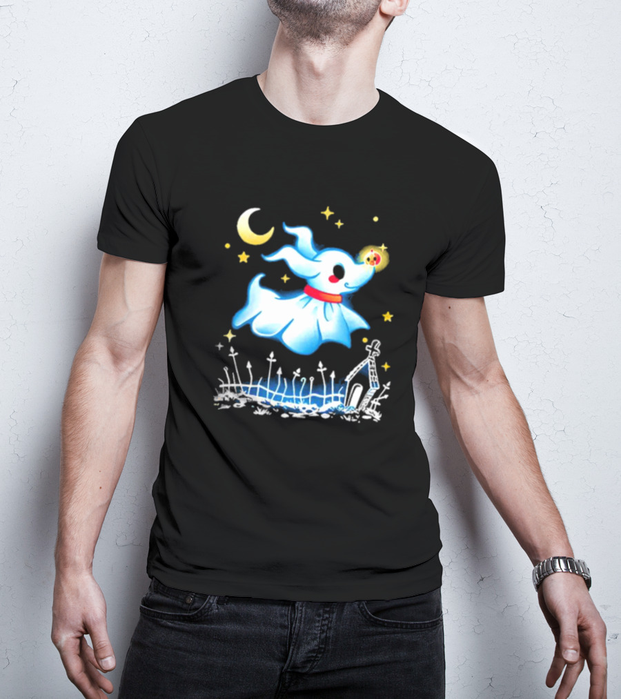 Flying Ghost Dog With Moon And Stars Halloween Scene T-Shirt