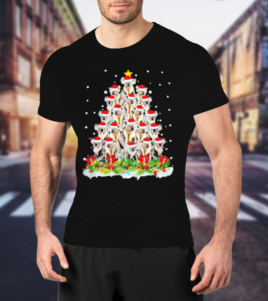 Koala Christmas Tree With Santa Hats Snowflakes And Gifts T-Shirt