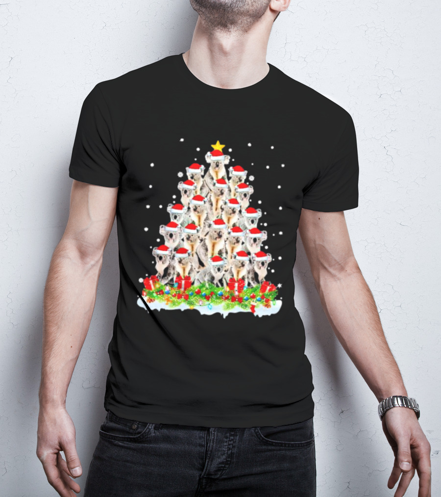 Koala Christmas Tree With Santa Hats Snowflakes And Gifts T-Shirt