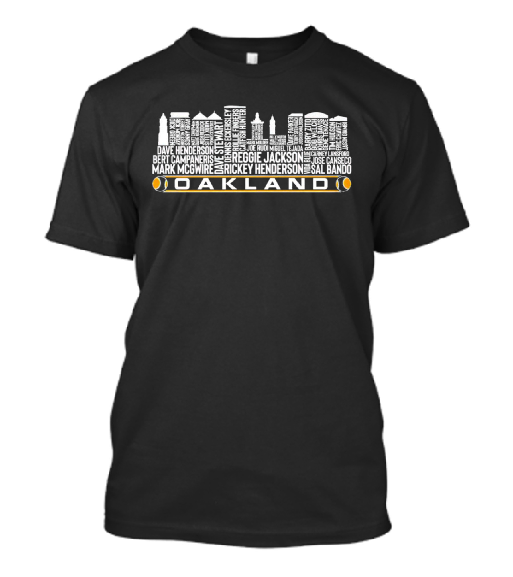 Oakland Baseball Skyline With Reggie Jackson Rickey Henderson Player Names T-Shirt
