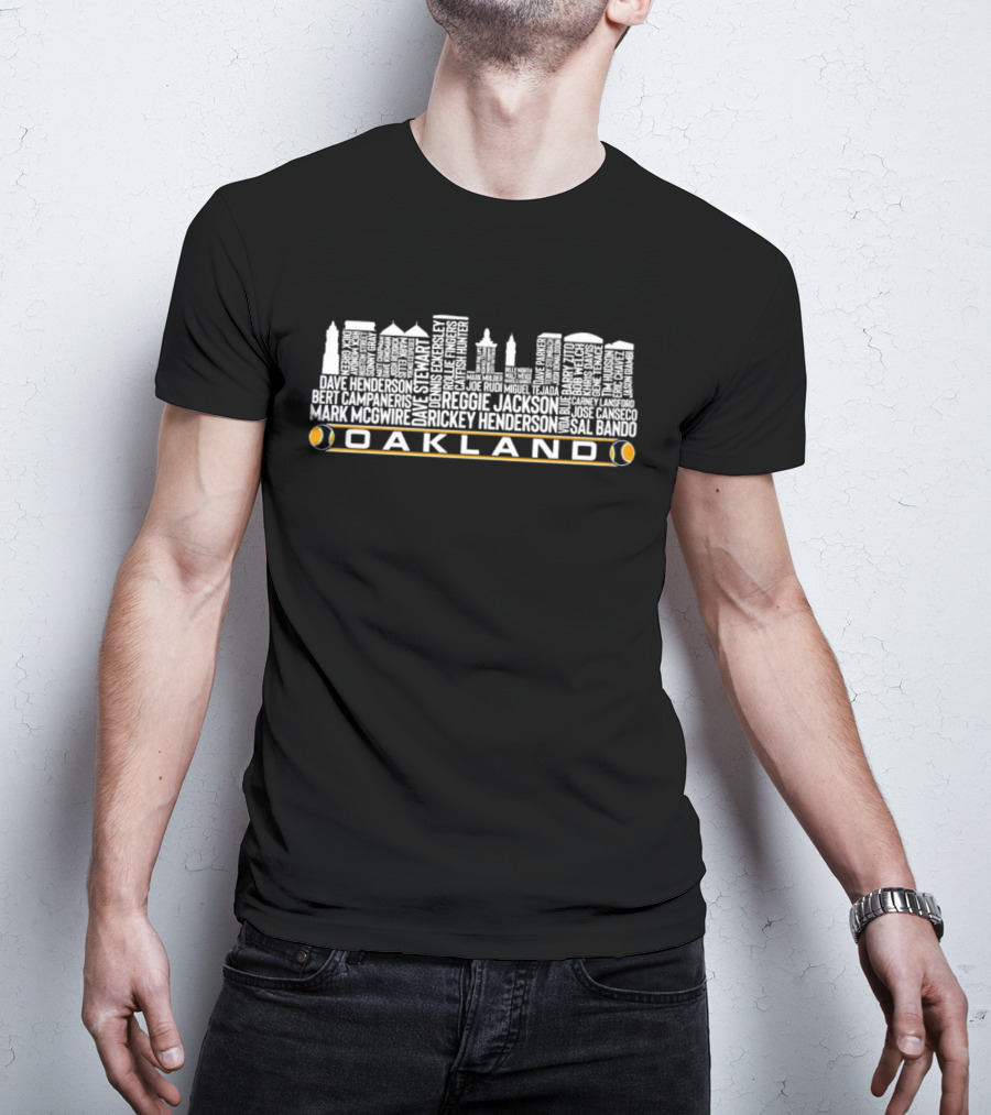 Oakland Baseball Skyline With Reggie Jackson Rickey Henderson Player Names T-Shirt