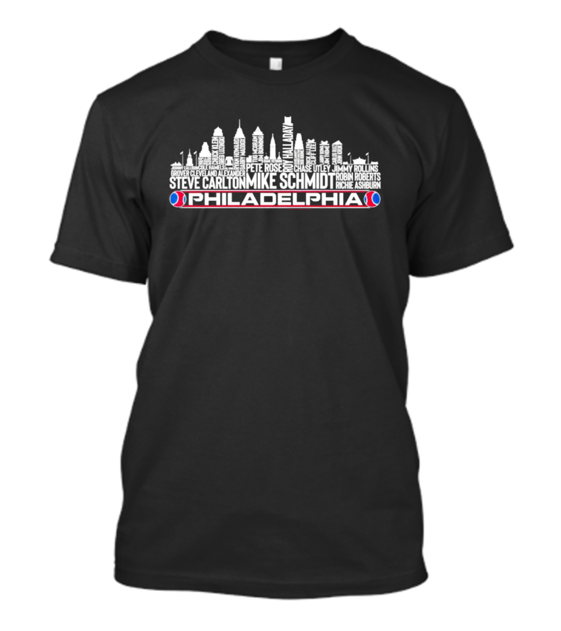 Philadelphia Skyline With Mike Schmidt And Roy Halladay Player Names T-Shirt