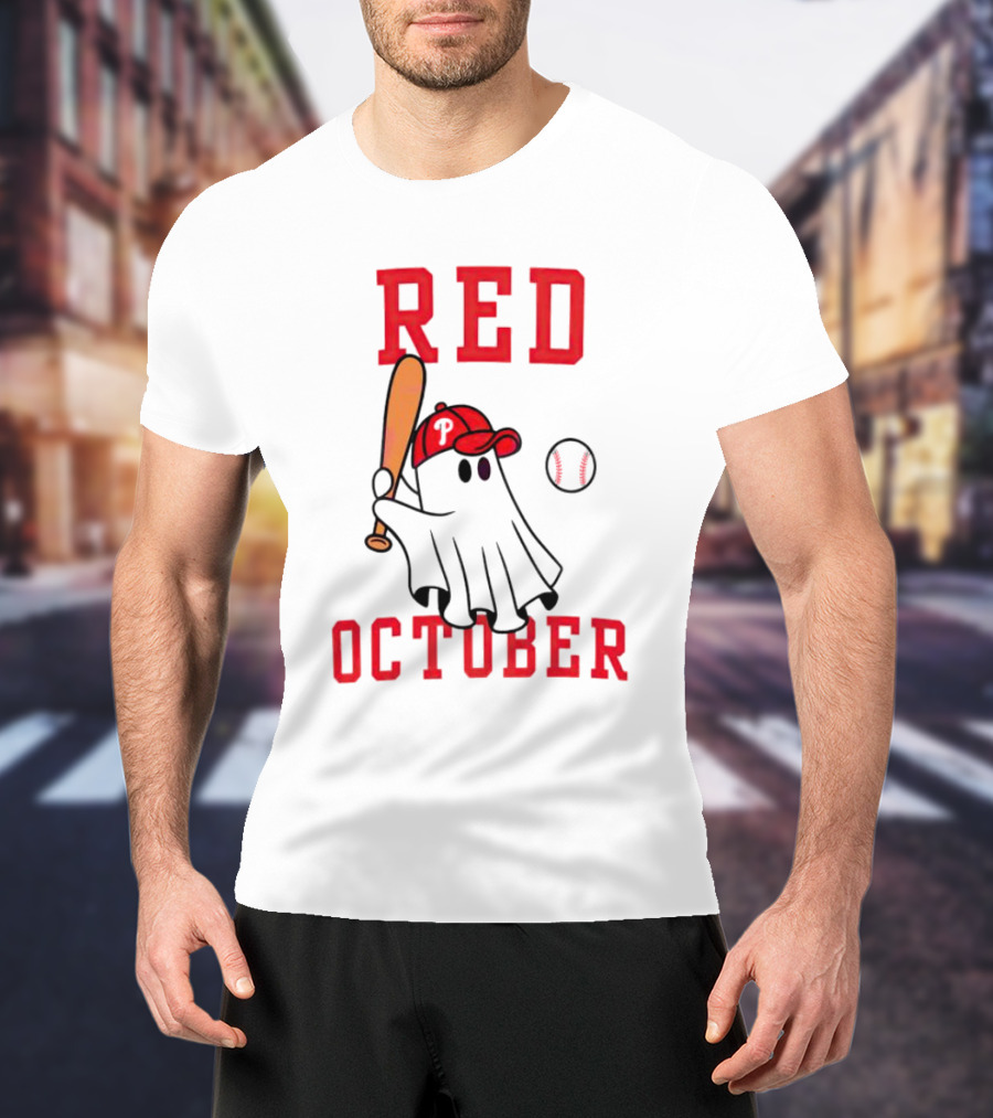 Phillies Red October Ghost Baseball Player In Cap And Bat T-Shirt