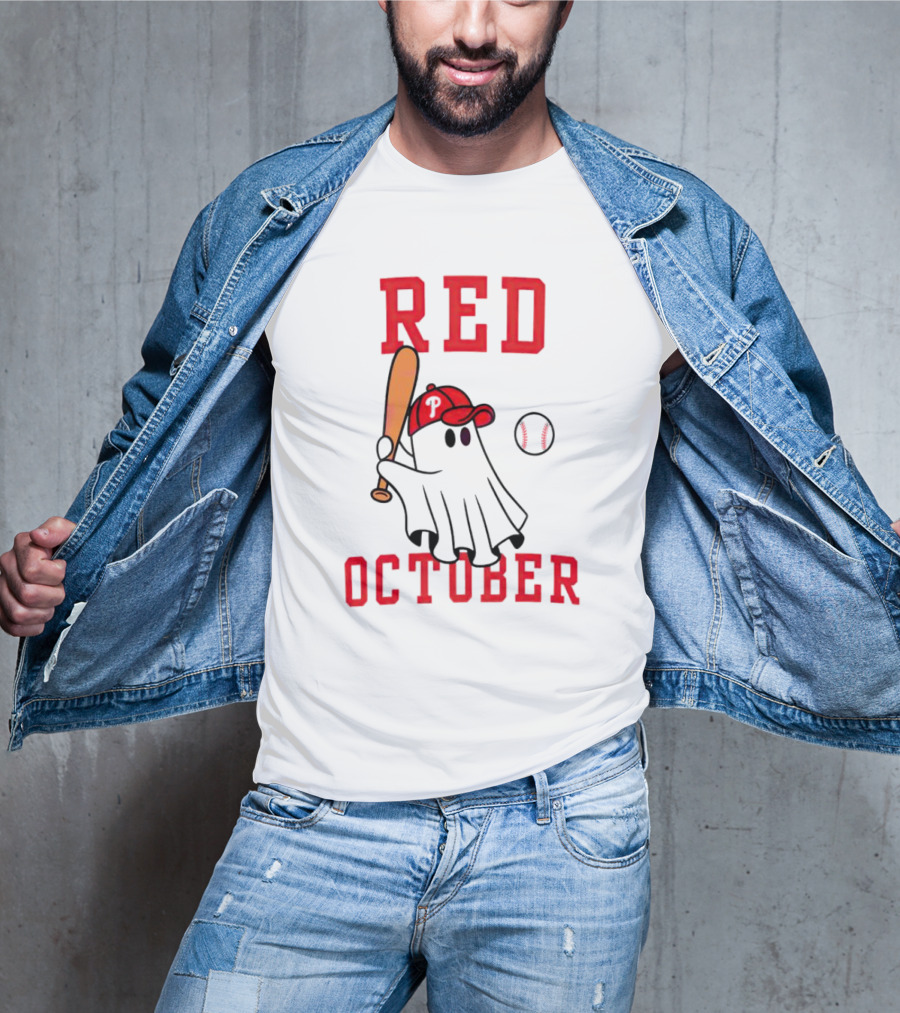Phillies Red October Ghost Baseball Player In Cap And Bat T-Shirt