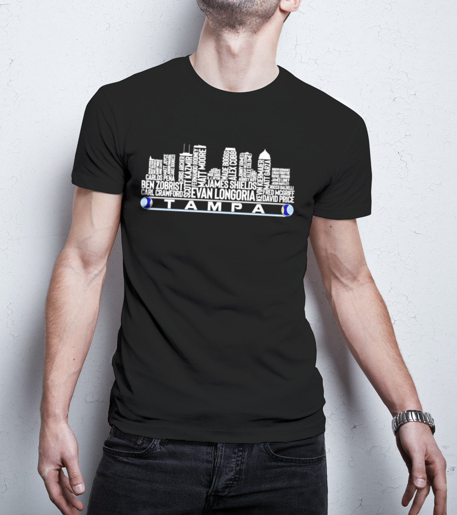 Tampa Skyline Featuring Evan Longoria David Price James Shields Carlos Pena Fred McGriff Ben Zobrist Scott Kazmir Player Names T-Shirt