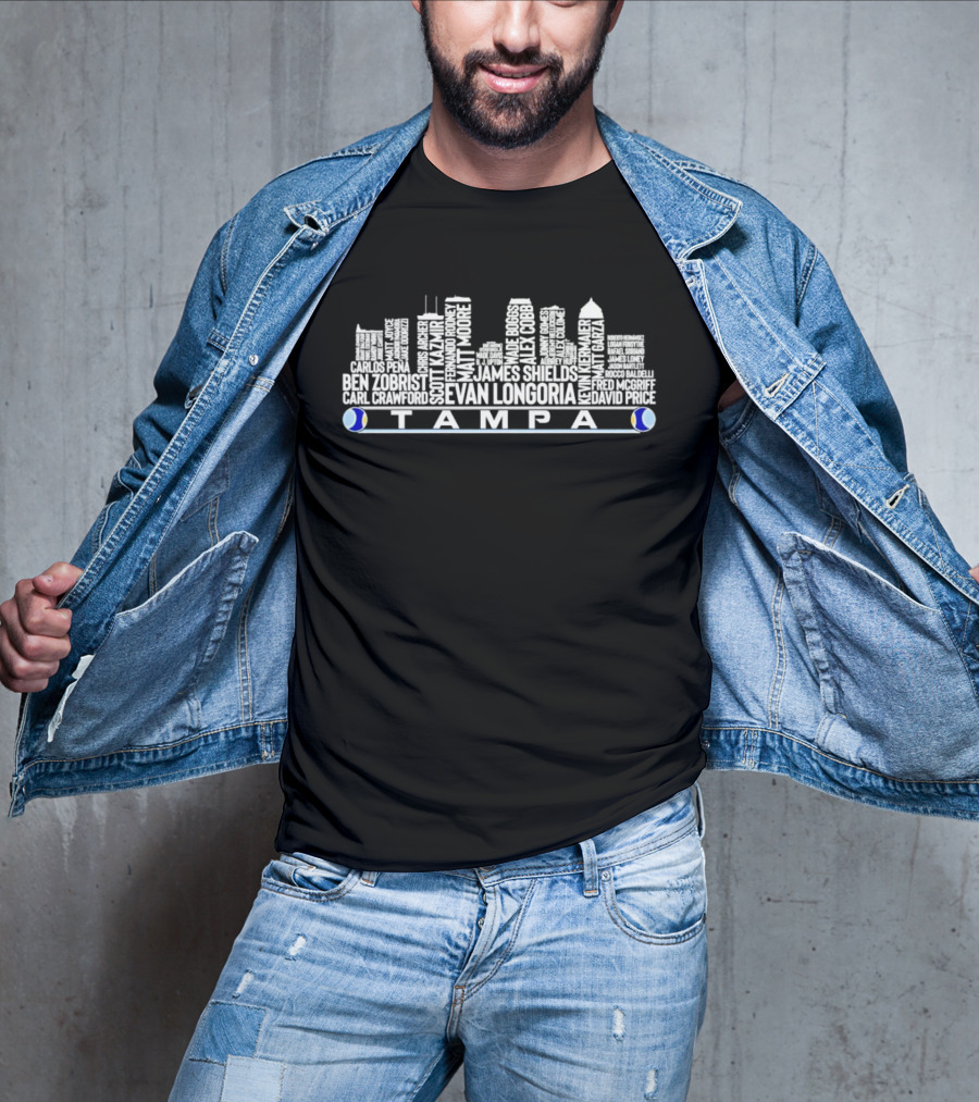 Tampa Skyline Featuring Evan Longoria David Price James Shields Carlos Pena Fred McGriff Ben Zobrist Scott Kazmir Player Names T-Shirt