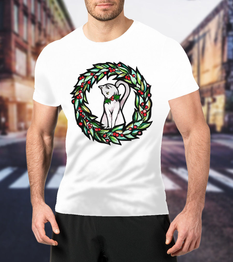 White Cat In Christmas Wreath With Holly And Berries T-Shirt