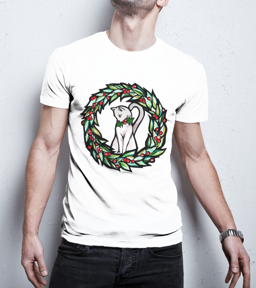 White Cat In Christmas Wreath With Holly And Berries T-Shirt