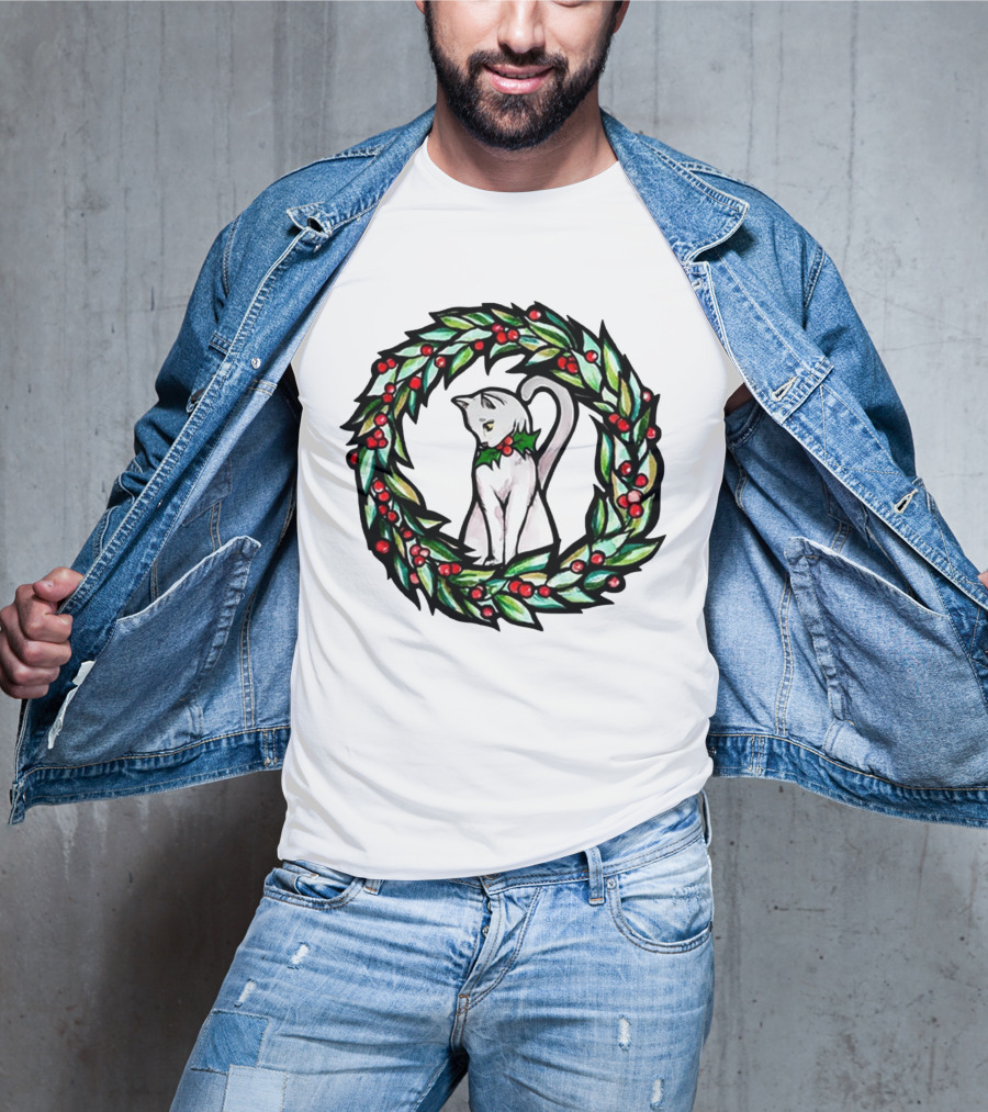 White Cat In Christmas Wreath With Holly And Berries T-Shirt